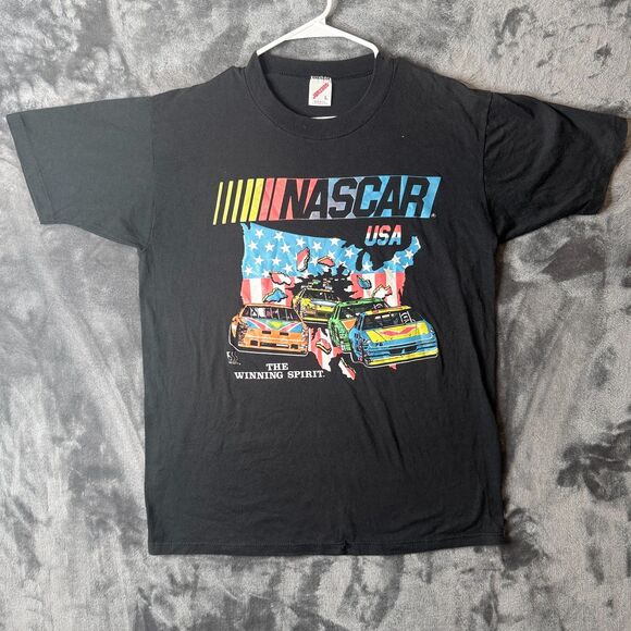 Vintage 1980s Nascar USA The Winning Spirit Short Sleeve Black Shirt Size Large - Picture 1 of 6